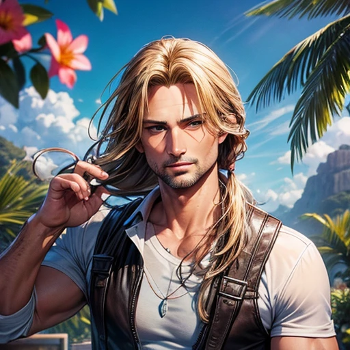 Josh holloway es el arcangel miguel con cabello largo rubio, un guerrero serio y retador, alas doradas y dominante, lleno de flores, agua fuego