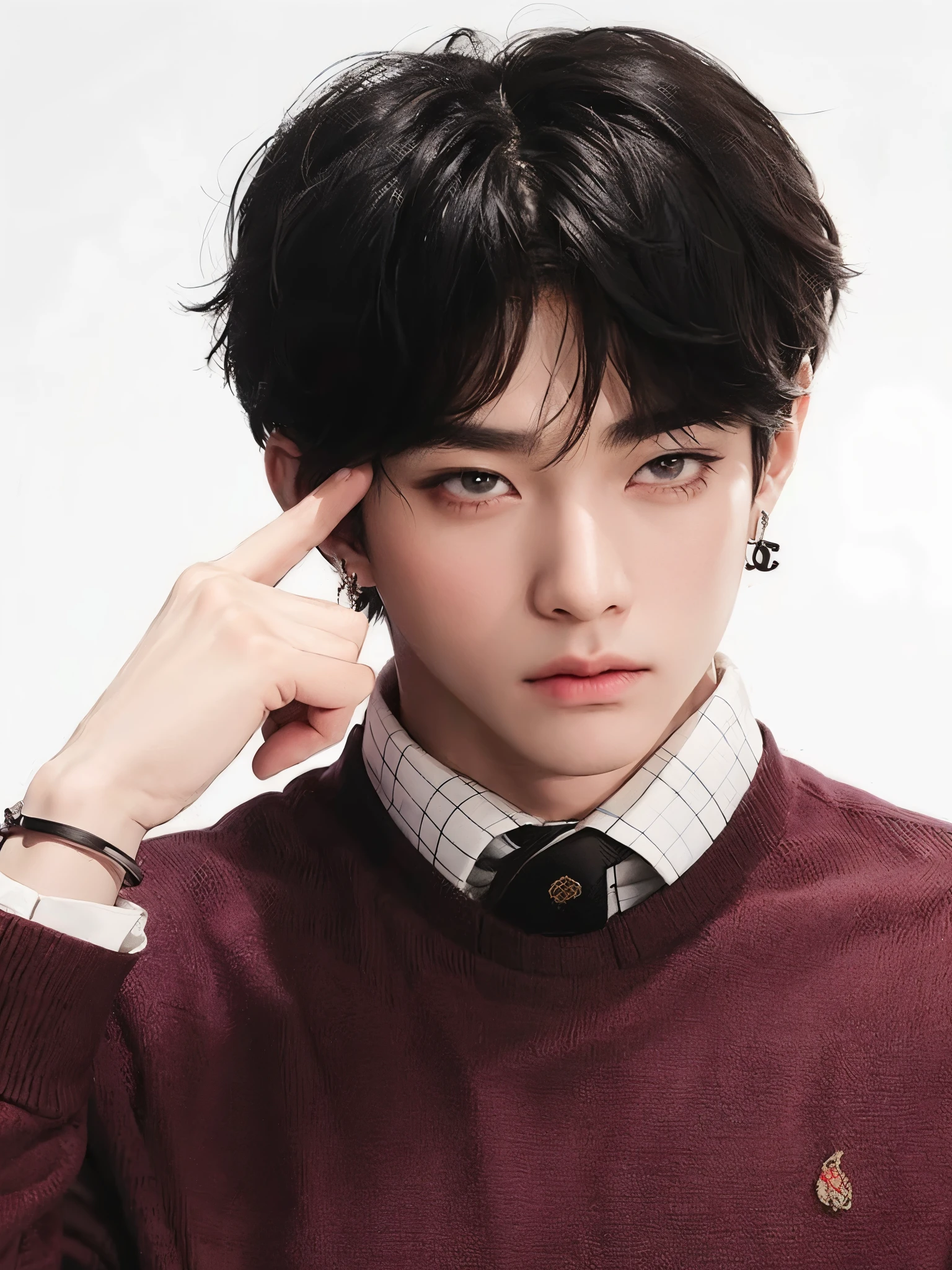 arafed asian man with tie and sweater on, jungkook, Jinyoung Shin, kim doyoung, hyung tae, taehyung comiendo papas fritas gucci, Jung Jaehyun, cai xukun, young pale angel, sus ojos parecen sabios, pale korean adorable face, pintar ulzzang, inspirado en Kun Can, hong junio hyung, TaeJune Kim, fotos oficiales kpop idol, kim taehyung de bts