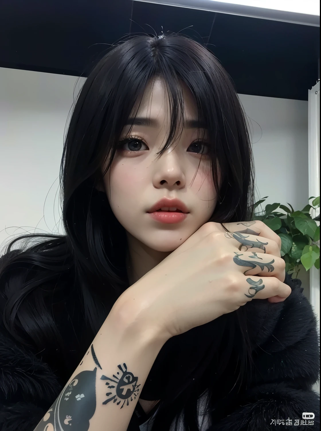 a close up of a person with a tattoo on his arm, cruel korean goth girl, ela tem cabelo preto com franja, IU Lee Ji-eun as a supervillain, Ulzzang, de garota taiwanesa com tatuagens, franja de cortina, Heonhwa Choe, cabelo preto com franja, linda mulher sul-coreana, franja brancacabelo preto, franja repartida ao centro