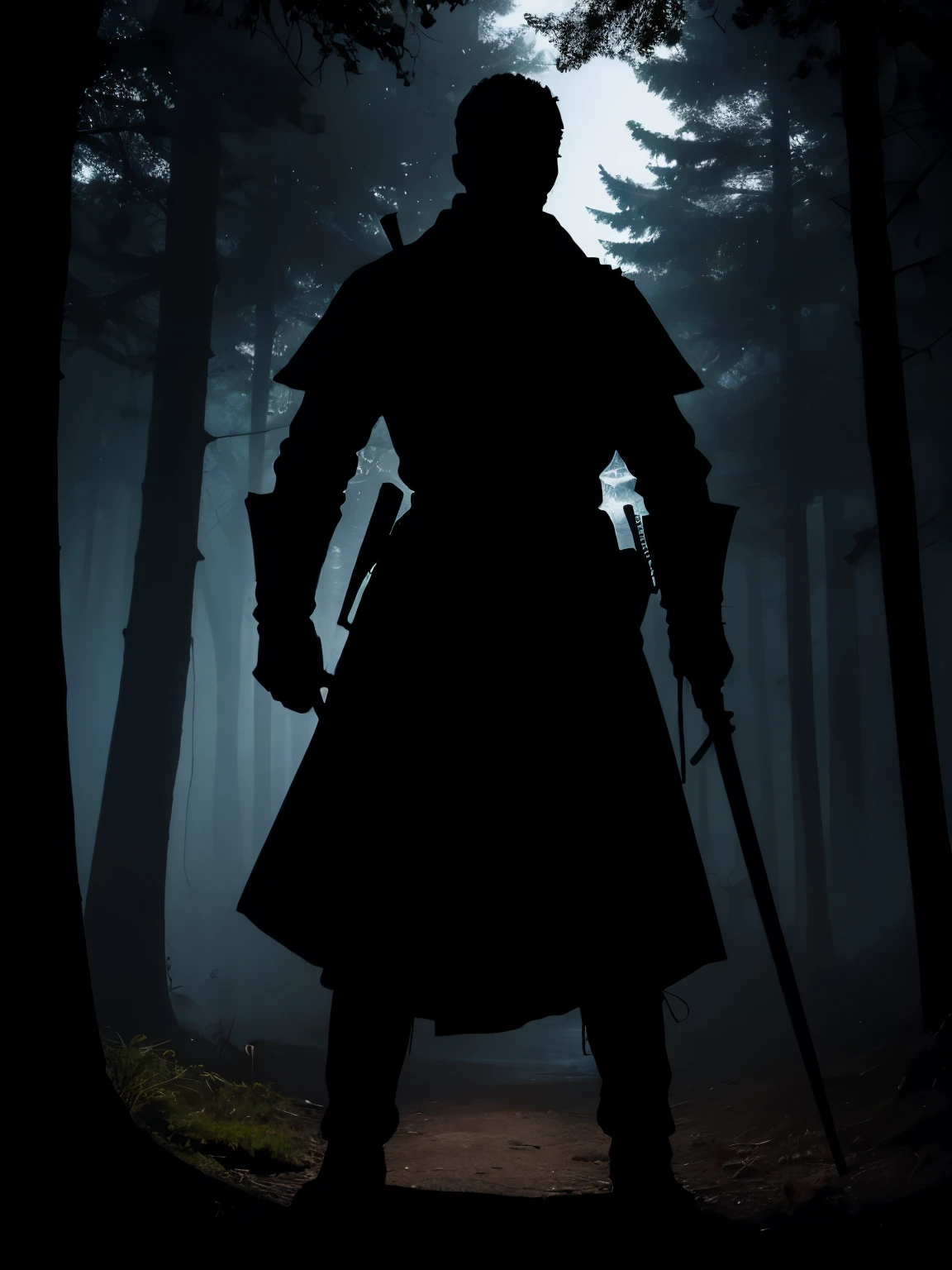 shadow silhouette of a man medieval military soldier with a weapon in his hands in a forest in the middle of the night, silhouette without lighting, shadow silhouette in darkness, silhueta de jazz, sombra em uma floresta. sombra sem corpo, sem rosto, sombra silhueta, silhueta sombria dentre arvores, silhueta de uma pessoa nas sombras