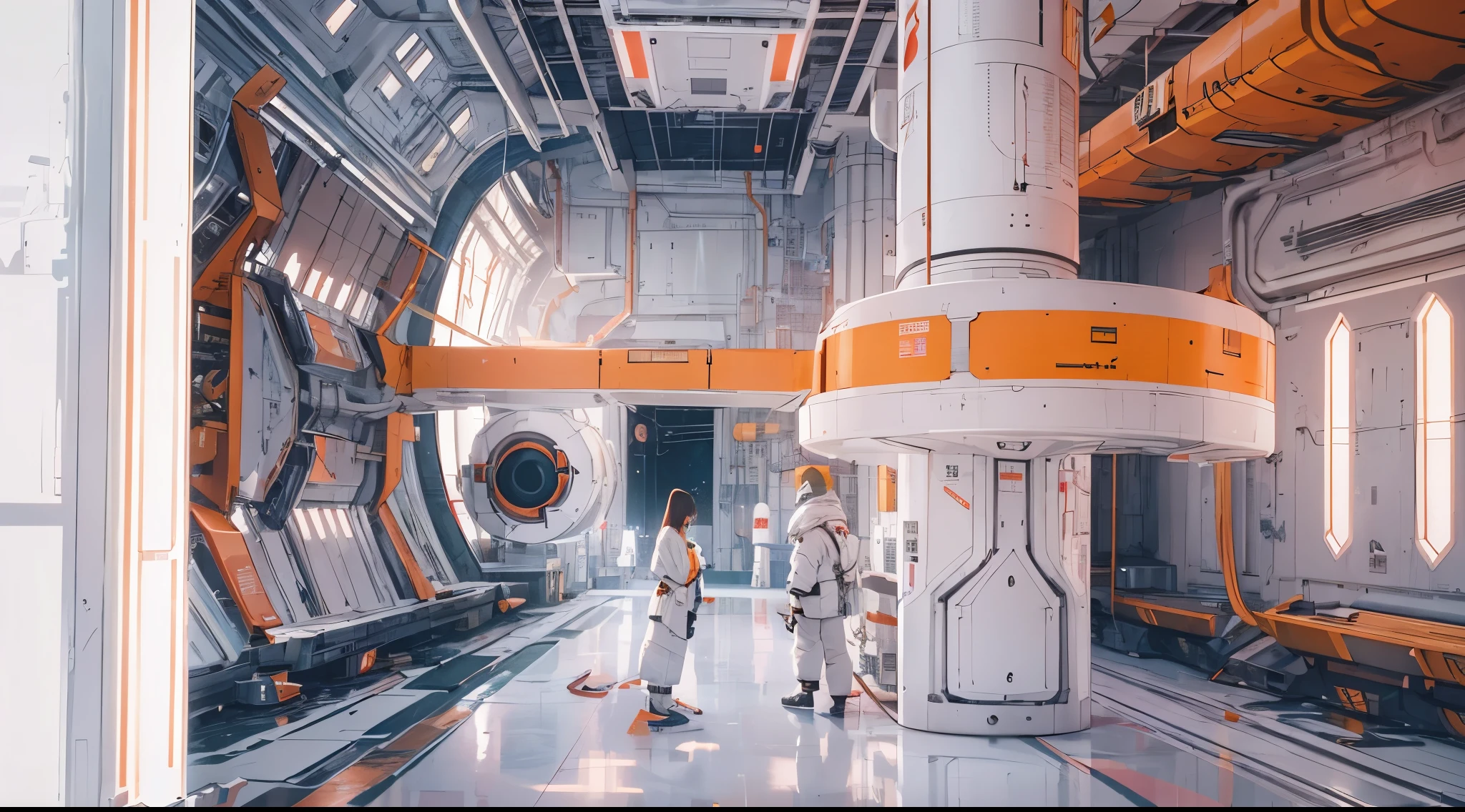 Capture the breathtaking moment as an ominous orange light structure in a futuristic white building, in the midst of a space station with rocket ships and advanced equipment, creating a raw and emotional masterpiece. This ultra-high resolution, photorealistic full-body portrait is bathed in the warm glow of sunlight, capturing the essence of the scene. The style is reminiscent of mecha sci-fi anime, presented in an impressive 8K resolution for unparalleled image quality. Crafted with Unreal Engine 5, the artwork features ultra-realistic 64K CG, skin texture at 1.4, and an evocative orange volumetric fog, adding depth and atmosphere to the narrative. Further detailing includes 8K UHD, DSLR quality, film grain, and the artistic nuances of lomography, resulting in a visually stunning composition that seamlessly blends high-quality visuals, translucent effects, and photorealism to truly captivate the viewer.
