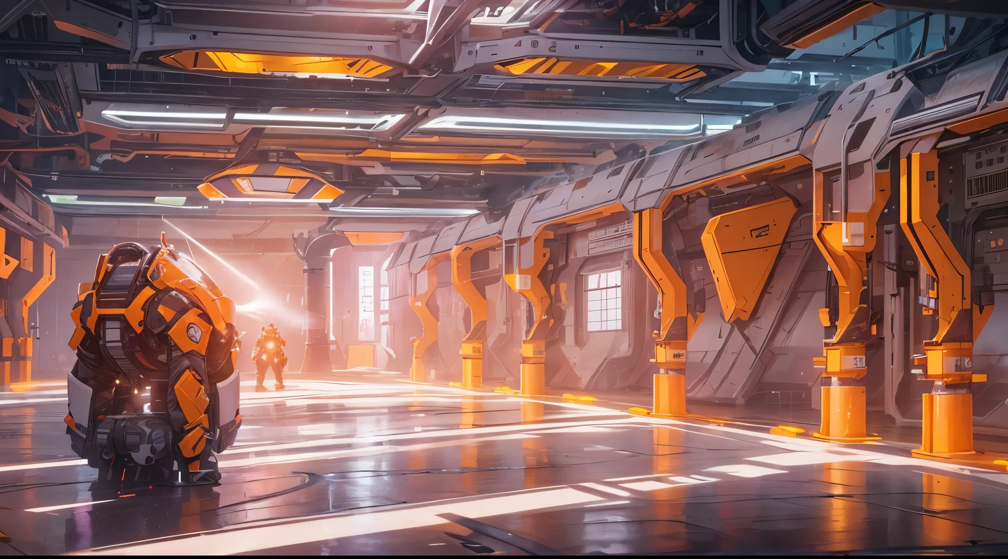 Capture the breathtaking moment as an ominous orange light structure in a futuristic white building, in the midst of a space station with rocket ships and advanced equipment, creating a raw and emotional masterpiece. This ultra-high resolution, photorealistic full-body portrait is bathed in the warm glow of sunlight, capturing the essence of the scene. The style is reminiscent of mecha sci-fi anime, presented in an impressive 8K resolution for unparalleled image quality. Crafted with Unreal Engine 5, the artwork features ultra-realistic 64K CG, skin texture at 1.4, and an evocative orange volumetric fog, adding depth and atmosphere to the narrative. Further detailing includes 8K UHD, DSLR quality, film grain, and the artistic nuances of lomography, resulting in a visually stunning composition that seamlessly blends high-quality visuals, translucent effects, and photorealism to truly captivate the viewer.