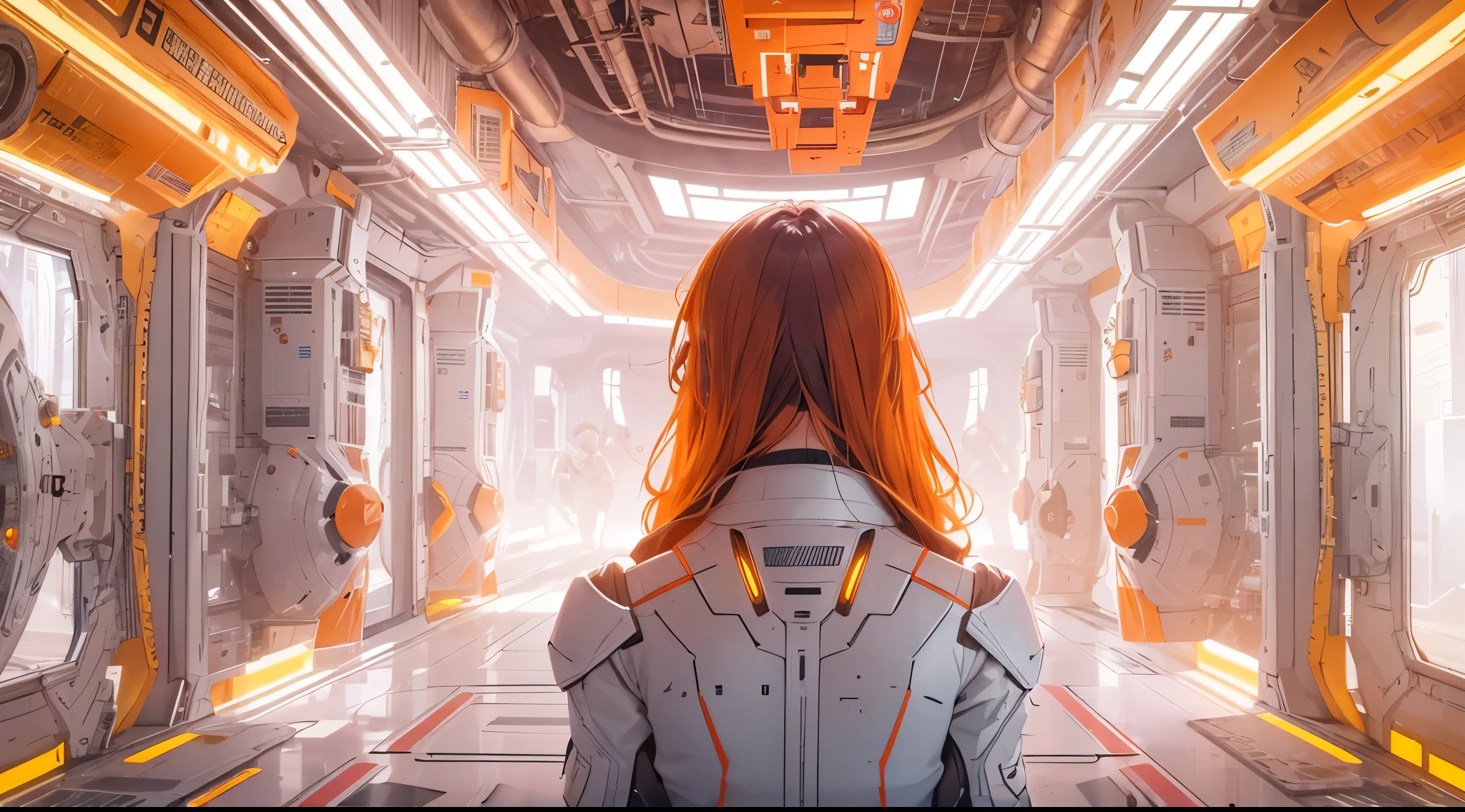 Capture the breathtaking moment as an ominous orange light structure in a futuristic white building, in the midst of a space station with rocket ships and advanced equipment, creating a raw and emotional masterpiece. This ultra-high resolution, photorealistic full-body portrait is bathed in the warm glow of sunlight, capturing the essence of the scene. The style is reminiscent of mecha sci-fi anime, presented in an impressive 8K resolution for unparalleled image quality. Crafted with Unreal Engine 5, the artwork features ultra-realistic 64K CG, skin texture at 1.4, and an evocative orange volumetric fog, adding depth and atmosphere to the narrative. Further detailing includes 8K UHD, DSLR quality, film grain, and the artistic nuances of lomography, resulting in a visually stunning composition that seamlessly blends high-quality visuals, translucent effects, and photorealism to truly captivate the viewer.