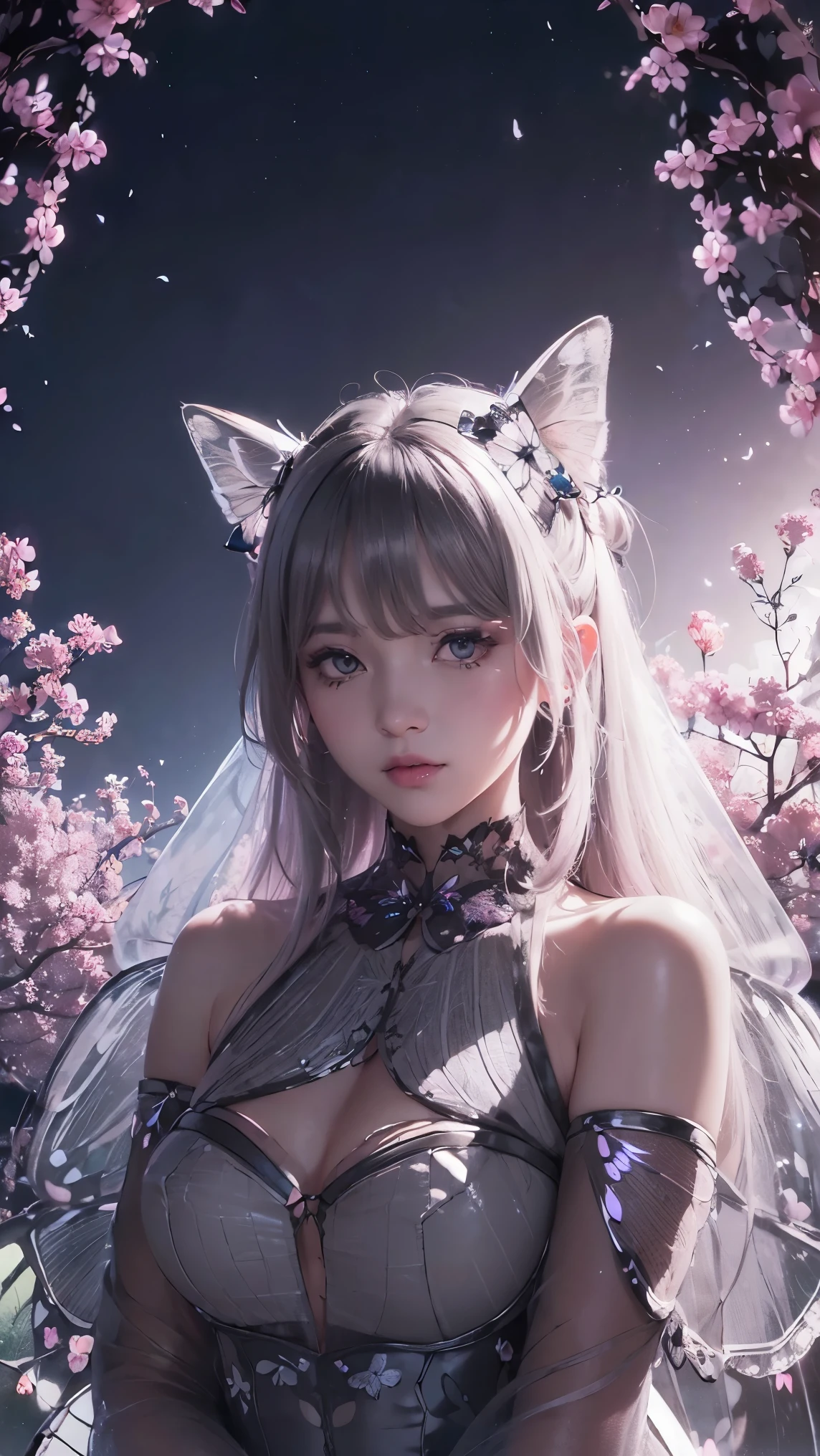 (((RAW photo , insanely detailed, highest quality, high resolution,))) (((white hair Beach waves hairstyle))), (((cosmetics))), ((((White catgirl, )))) break、(contrast:1), full body、,insanely detailed face,  smile、happy、 large breasts、 full body、 break、Antonio Riva dress:1.1,dress made of slightly transparent fabric:1.3、many butterflies are flying, break、midnight:1.2、break, (realistic:1.1), impressionism), (extremely intricate:1.2), side profile of a fairy princess, high fantasy, (long gradient hair),  beautiful face, half-closed eyes, (fairy:1.2), praying, (empire dress), jewelry, blue skin, pointy ears, AND (transparent  black butterfly wings on her back:1.5), BREAK、 (in the enchanted flower garden:1.3), ( pink neon flowers and trees), (night:1.4), (pink neon fireflies), lots of   black particles, black particles,