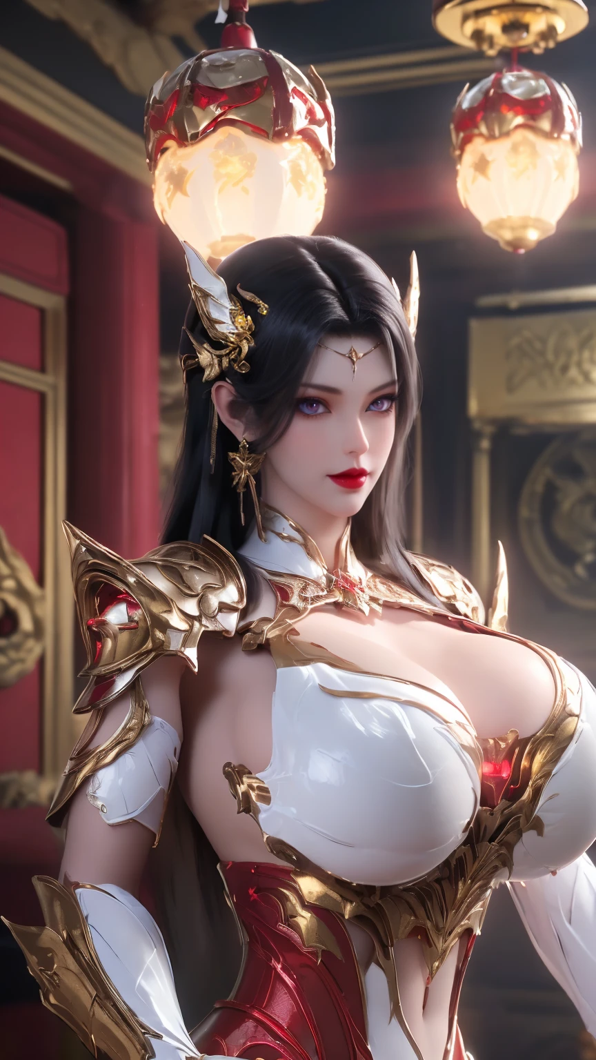 A BUSTY MILF, CLOSE UP UPPER BODY,SOLO,(BEAUTY BLACK HAIR, GOLD DRAGON HORN), (MASSIVE FAKE BOOBIES,CLEAVAGE TOP,MUSCLE ABS:1.5), ((WEARING OUTFIT (LED RED, WHITE, BLACK) SHINY MECHANICAL ANDROID BIKINI ARMOR:1.5)),(CURVY VOLUPTUOUS BODY MATURE WOMAN:1.5), (SWEATY GLOSSY BODYSKIN:1.5), (LOOKING AT VIEWER:1.6), (BACKGROUND FUTURISTIC SPACE STATION:1), (PHOTOREALSITIC:1.4), (ULTRA-DETAILLIERT), (TOP-QUALITY), (BEST SHADOWS), BRIGHT LIGHT IN ROOM, HYPER TEXTURE, (4X MSAA), ((UNREAL ENGINE 5 RENDER)), PHYSICALLY-BASED RENDERING, ULTRA HIGHT DEFINITION, 16K, 1080P.