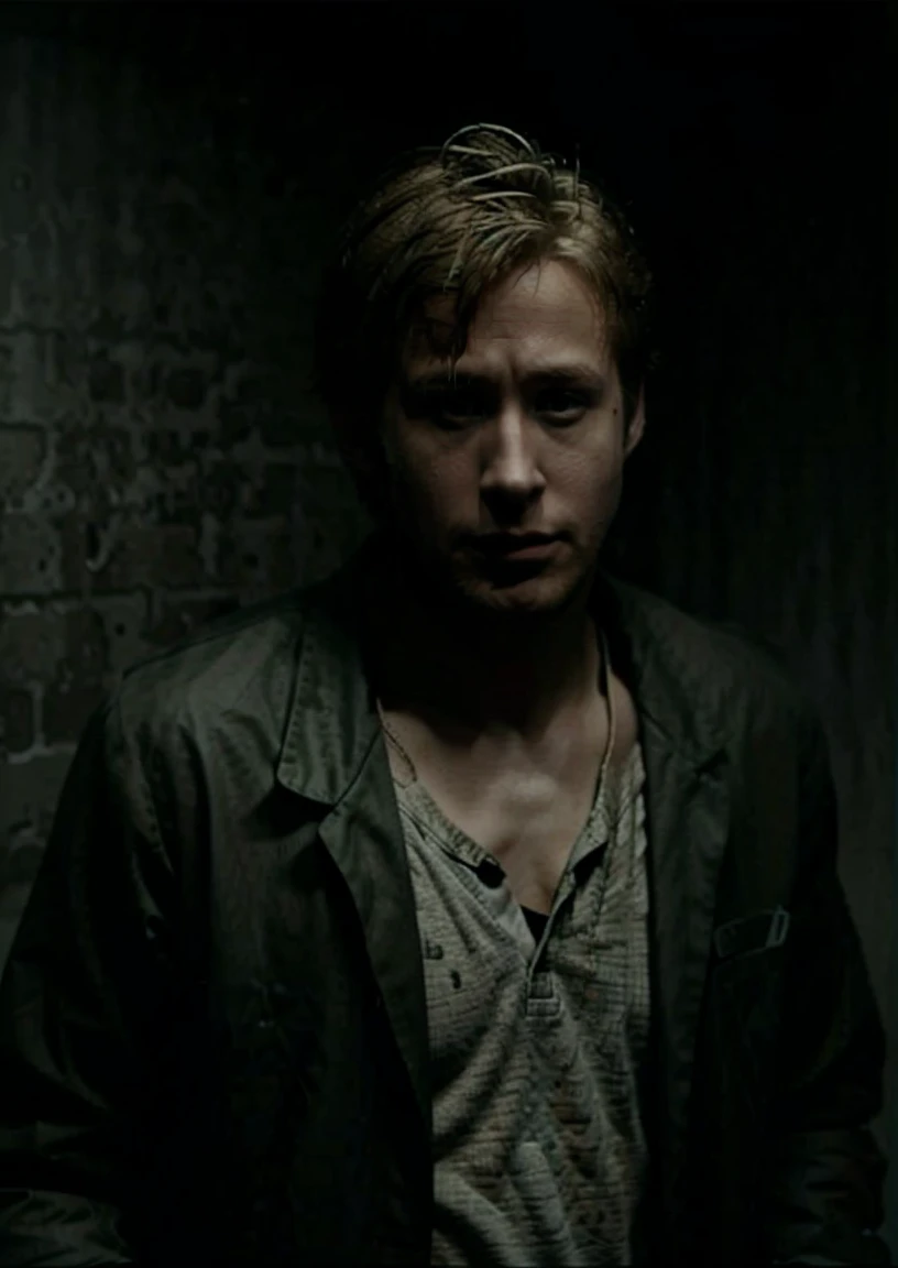 hyperealistic ,james sunderland as ryan gosling, dark ambient,(cool:1.2), Silent Hill, horror,(nagative space:0.8),4K