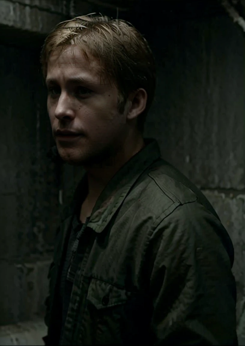 hyperealistic ,james sunderland as ryan gosling, dark ambient,(cool:1.2), Silent Hill, horror,(nagative space:0.8),4K