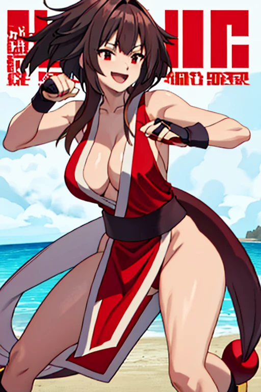 masterpiece, high resolution, best quality, high definition, beautiful art, 1 woman, solo, Megumin, 30 years old, grown up, loose long hair, big breasted, cleavage, cosplaying as Mai Shiranui, sexy outfit, alluring body, full body, she is fighting in a martial arts tournament, action and fight scene, showing her fighting skills, making her guard by holding on her hands open red fans, being confident and proud, attacking the viewer, smiling joyfully, bouncing breasts, , beach environment 