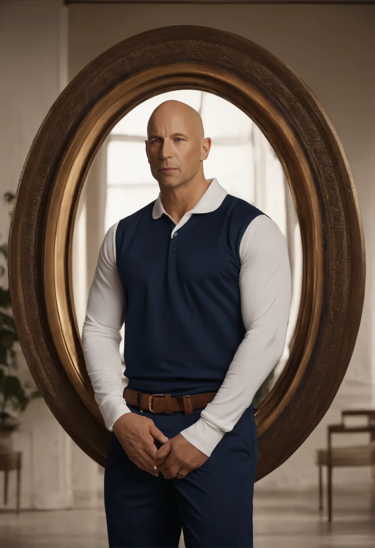 (Ultra-realistic masterpiece: 1.4), (Bald man: 1.6), (Light-skinned: 1.2), (Oval head: 1.3), (Round cheeks and nose: 1.5), (Gold watch: 1), (Polo shirt: 1.3), (Dark blue sports pants: 1.4), (White luxury sneakers: 1.2), (Coming out of a framed painting of himself: 1.2),
This top-quality masterpiece showcases a realistic image of a 40-year-old man with a shaved bald head, oval-shaped face, and