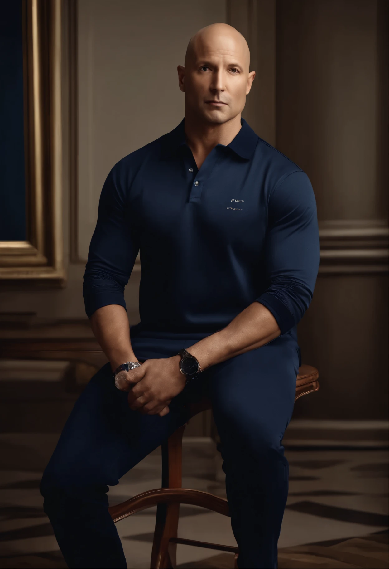(Ultra-realistic masterpiece: 1.4), (Bald man: 1.6), (Light-skinned: 1.2), (Oval head: 1.3), (Round cheeks and nose: 1.5), (Gold watch: 1), (Polo shirt: 1.3), (Dark blue sports pants: 1.4), (White luxury sneakers: 1.2), (Coming out of a framed painting of himself: 1.2),
This top-quality masterpiece showcases a realistic image of a 40-year-old man with a shaved bald head, oval-shaped face, and