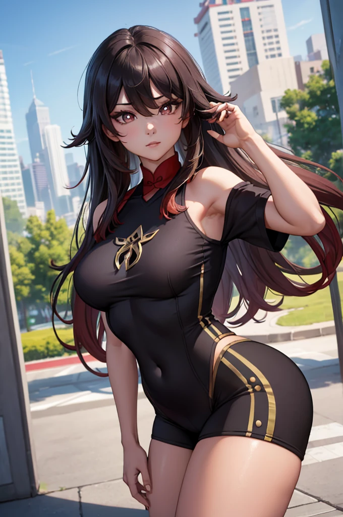 Hu tao, casual wear, skin tight outfit, chest, star pupil, 1girl, thick thighs, long hair, short sleeve, bare shoulders, shorts, butt, city background, realistic, best quality, masterpiece, ultra detail, ultra high res, extreme detail, 8k