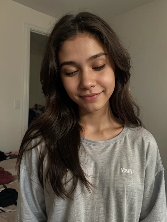 realistic, bad camera, cold color tone, bad and natural lighting, flash from camera, minimal no makeup,baggy clothing, bedroom background, 18 year old latina , small waist, thin figure, long brown hair, eyes closed, poor family, small bedroom, cute smile,small upper lip,cute face