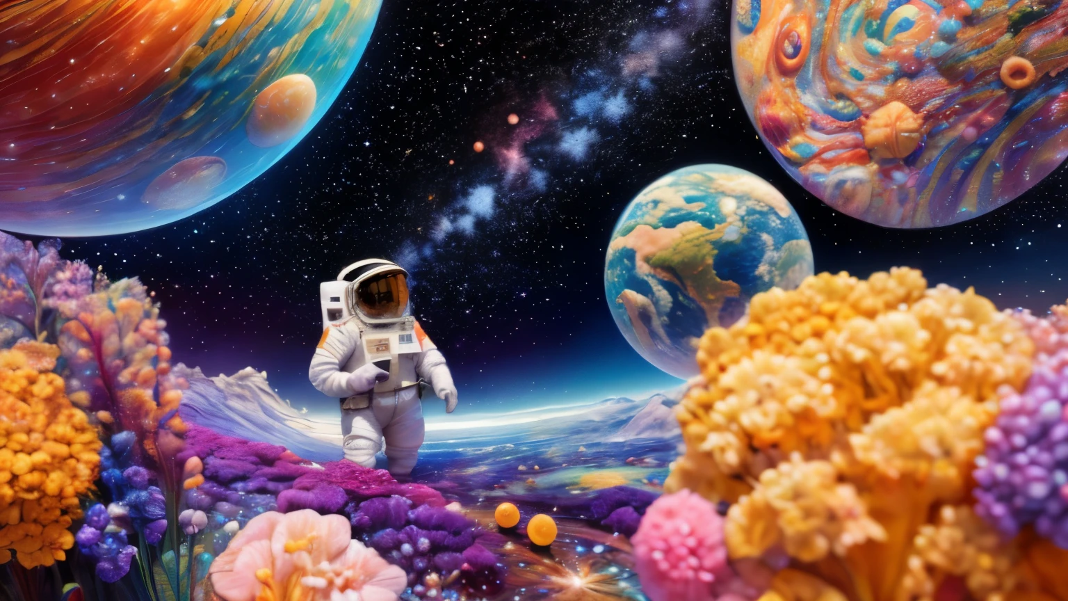 best quality, masterpiece, ultra high resolution,HD details, (Photorealistic:1.4), Surrealism, like a dream,masterpiece,8k,Lifelike,
Astronaut lost in dreamy galaxy, several shining stars,Colorful dreamy planet,
Embroidery style,Front view,suffocating,Immersive,unique painting,Reasonable composition