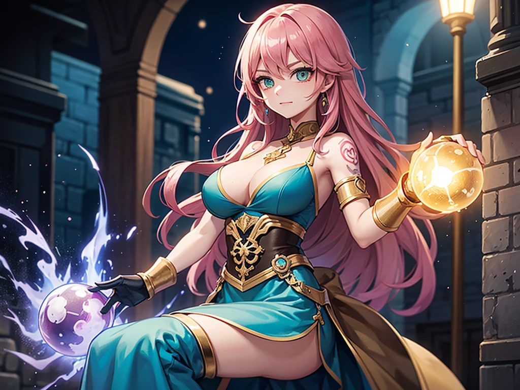 Female sorcerer, long pink hair, Green eyes, tattoos on arms, tattoos on , tattoos on legs, wearing a blue dress with a deep v cut neck, wearing a large metal gauntlet on her left hand, tan skin, an amulet with a red stone, a half moon tattoo on forehead, , casting a spell holding Metal glove arm out in front of her holding a ball of light in a castle