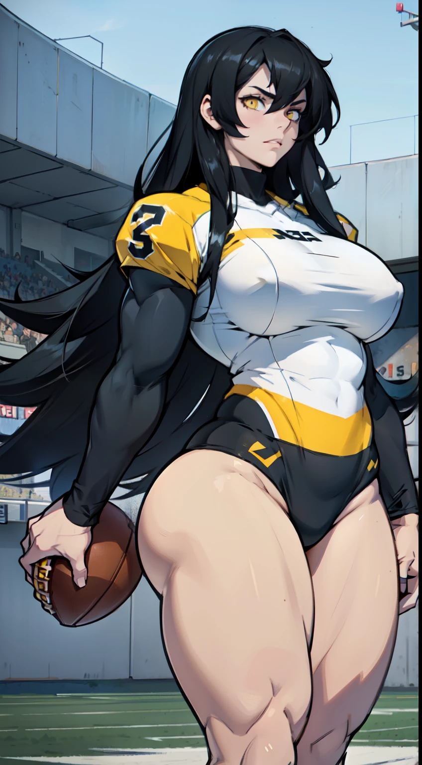 breasts huge muscles huge thighs solo girl black hair extremely long hair pale skin expressionless yellow eyes (football)