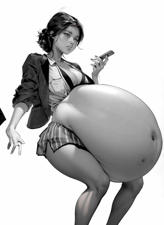 A sexy woman with a giant pregnant belly, woman wearing a blazer and dress shirt, sexy woman angry, upset, looking at her cellphone, fat belly, sexy face
