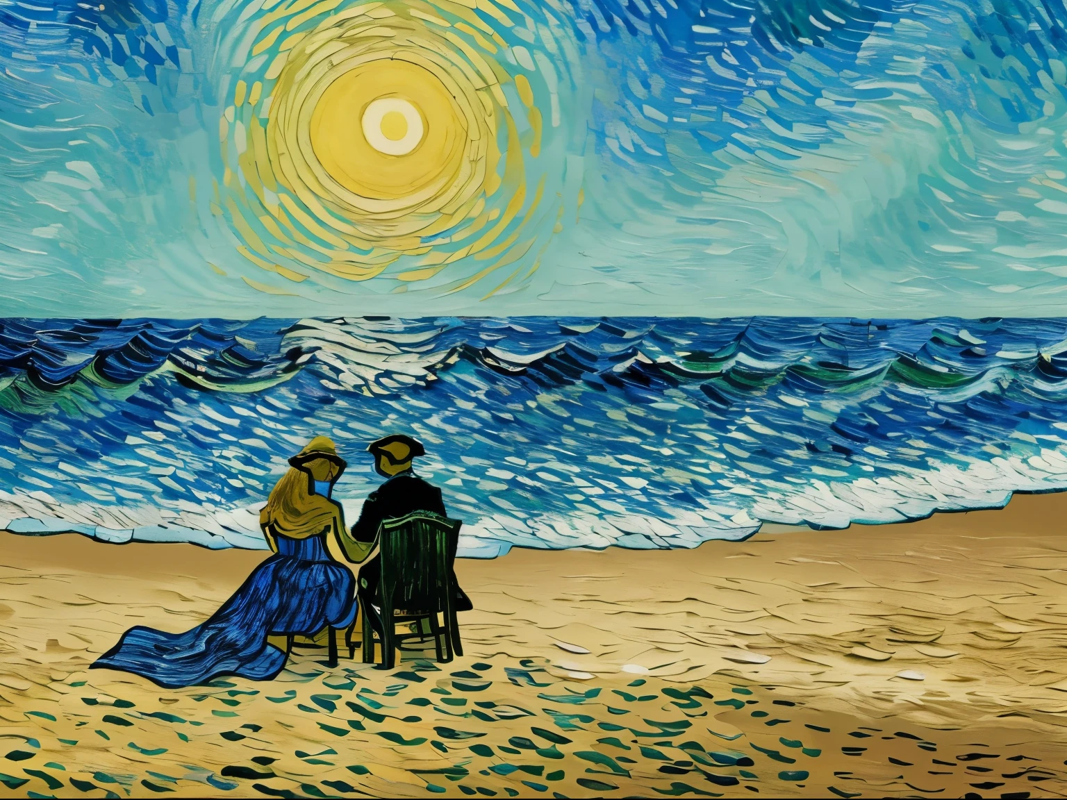 Van Gogh style painting, beach with waves and sun,Twinkling light,lovers sitting