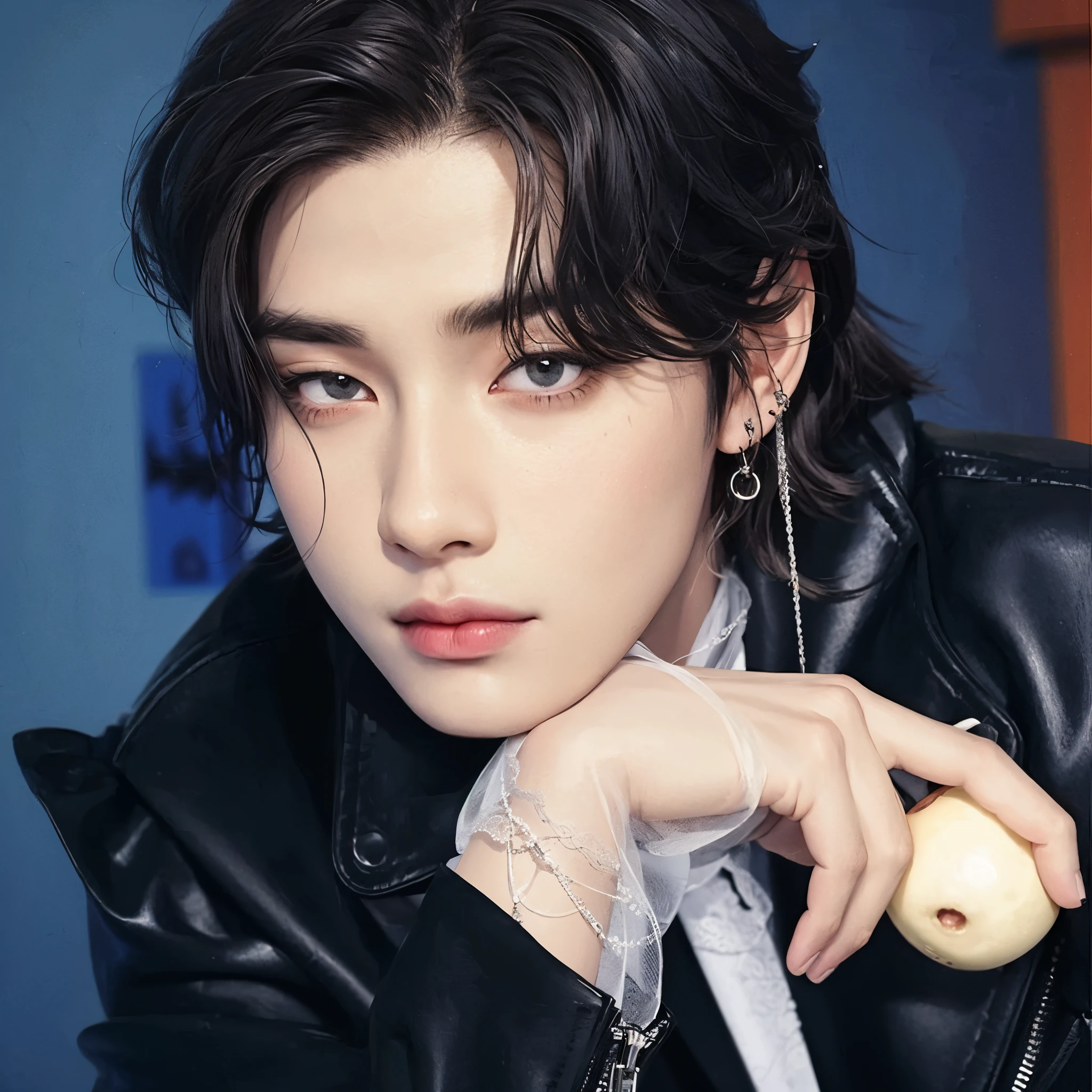 araffed asian woman in a leather jacket holding an apple, cai xukun, Jinyoung Shin, hyung tae, Jung Jaehyun, retrato de jossi de blackpink, TaeJune Kim, kpop idol portrait, jungkook, eso, inspirado en Bian Shoumin, sha xi, young pale angel, hong junio hyung, foto oficial, steven jung, beautiful androgynous prince, kim taehyung de bts, kpop idol boy face