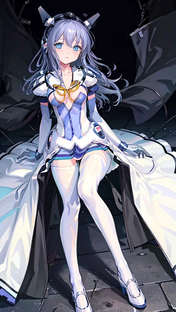 highest quality,lean against the wall,Symphonic_Sugar,light blue hair,navy blue eyes,hair ornament,long hair,white long_glove,light blue short dress,black pantyhose,high heel, ,glove,elegant, 1 girl, cute, blushed, looking at the viewer, from below, prison,beautiful eyes, beautiful background, particles of light, Light of the sun, dramatic lighting, outside, shiny, realistic, highest quality, Super detailed, get used to it, scenery, beautiful and detailed eyes, thin hair,full body shot,