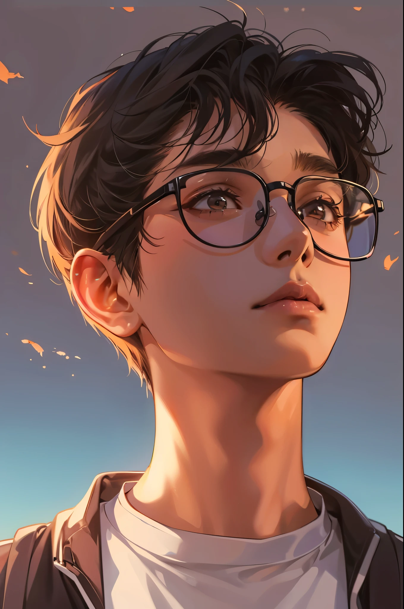 (absurdres, highres, ultra detailed, realistic, ), 1 boy,mature, solo, short black hair,  white T-shirt,brown eyes,  (glasses)，looking at the sky, sunset sky background, ultra - detailed, best quality, Detailed diagram, vectorized, 8K,  Graphic design, vector lines, Full-HD，full body