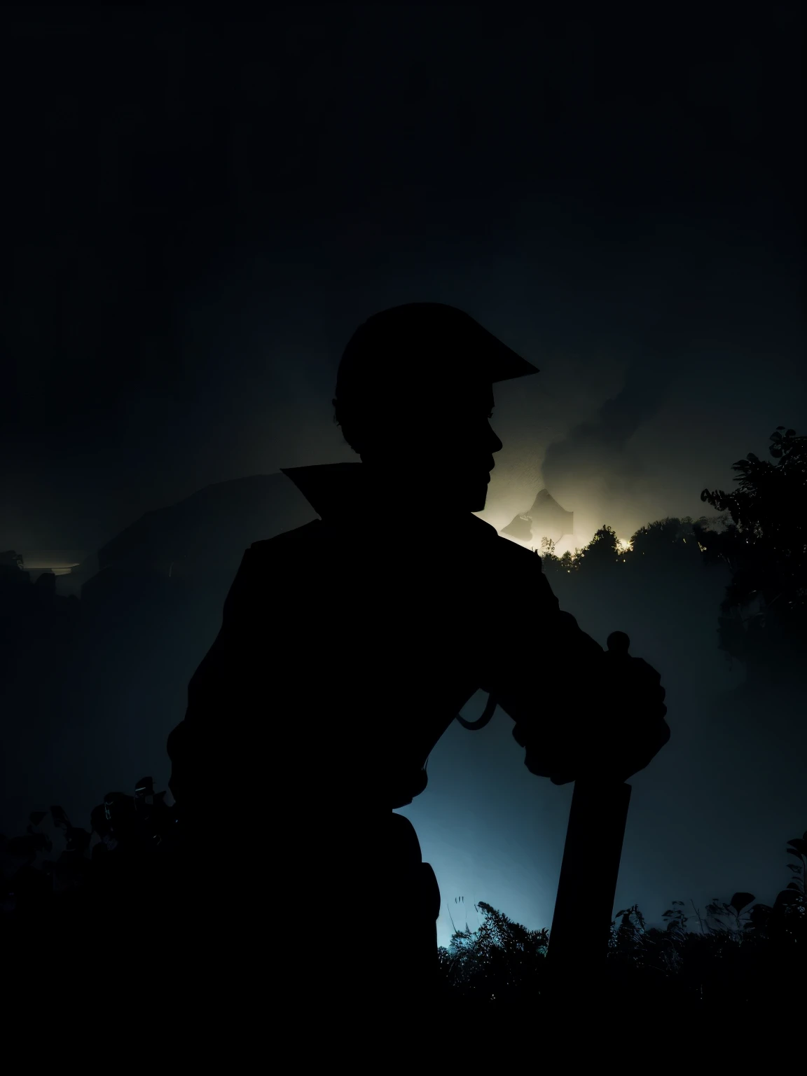 shadow silhouette of a mechanical engineer with tools in a forest in the night, silhouette without lighting, shadow silhouette in darkness, silhueta de jazz, sombra em uma floresta. sombra sem corpo, sem rosto, sombra silhueta, silhueta sombria dentre arvores, silhueta de uma pessoa nas sombra