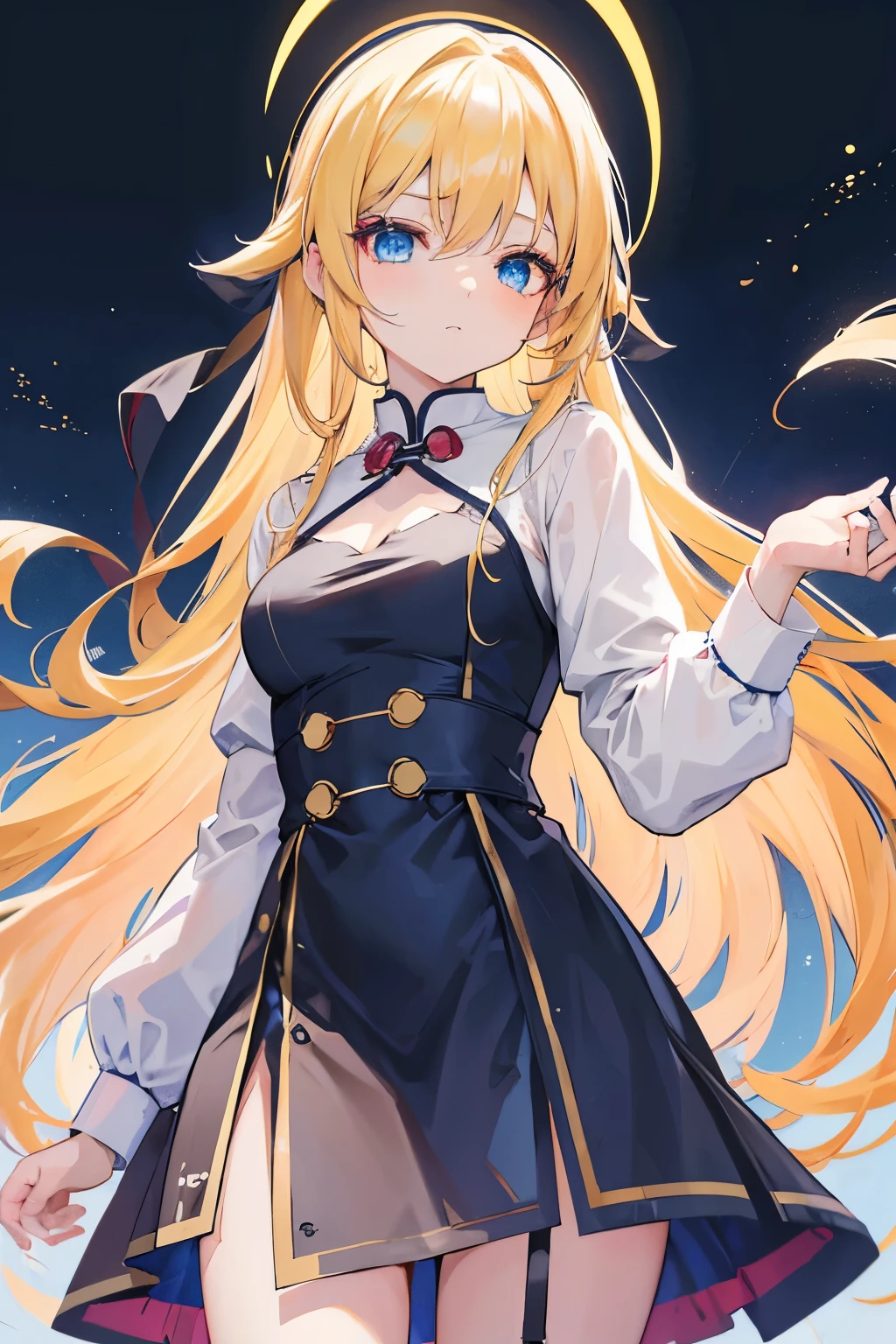 anime girl，long blonde hair，blue eyes，black dress, ( ( Misha Aman # ) ), anime girl名叫露西, Misha Aman *, 穿着black dress的anime girl, wearing clothes, 金发碧眼的长发anime girl, Misha Aman, anime best girls, Anime high fructose, 哥特式少女anime girl
