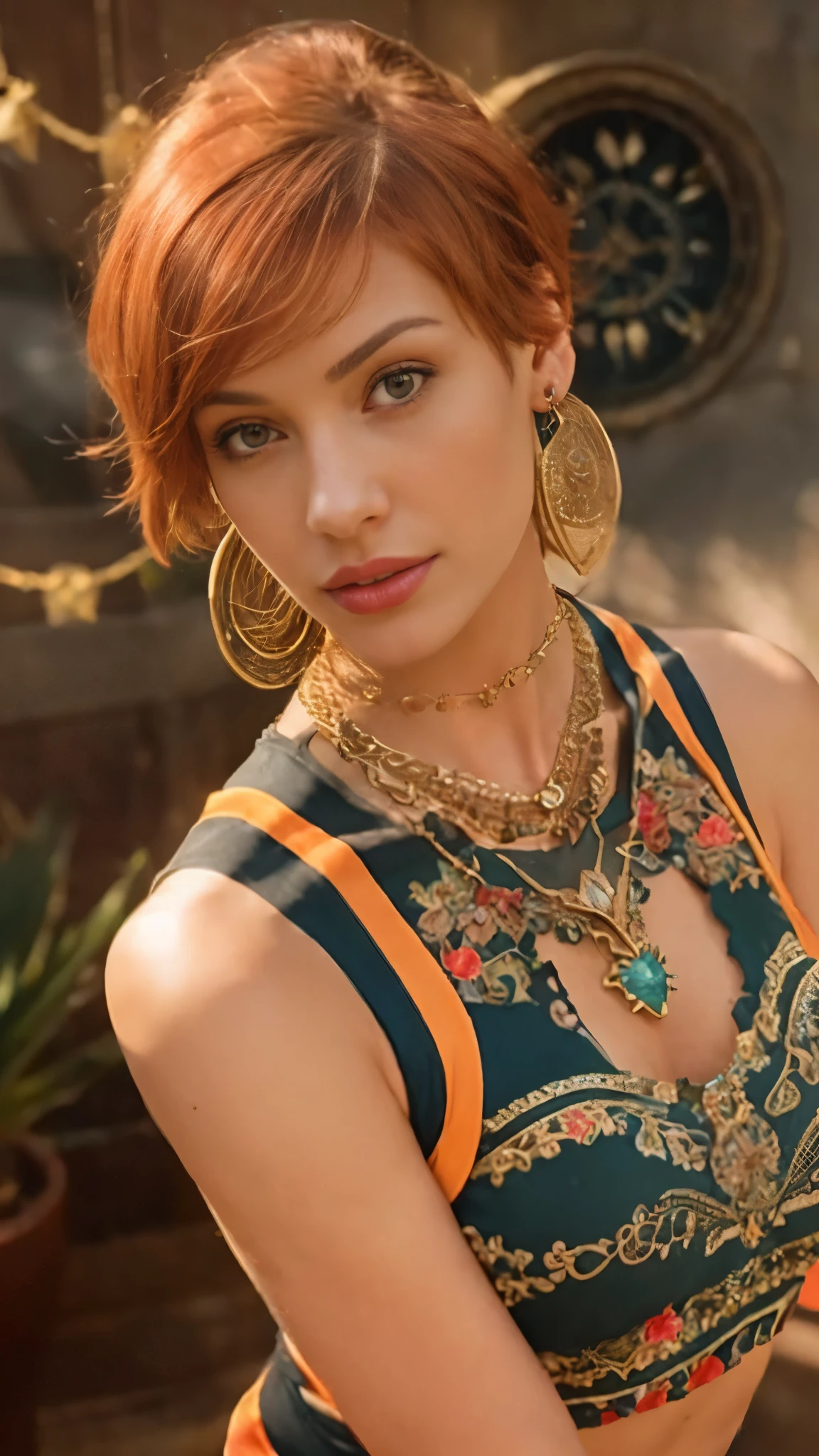 photo of a woman 25 yers (tank top:1.2) , stunning, gorgeous woman, girl boss, jewelry, earrings, necklace, sexy attire, short orange hair, looking at viewer, Realism, VFX, Volumetric Lighting, Volumetric Light, Volumetric, Natural Lighting, high details, detailed and intricate, intricate details, high intricate details, absurd amount of details, absurdres, high resolution, Medium Shot, Single Shot, Shallow Focus, Lips, Medium Breasts, Bracelet, Charm, Band, Wrist, Necklace, Chain, Charm, Neck,