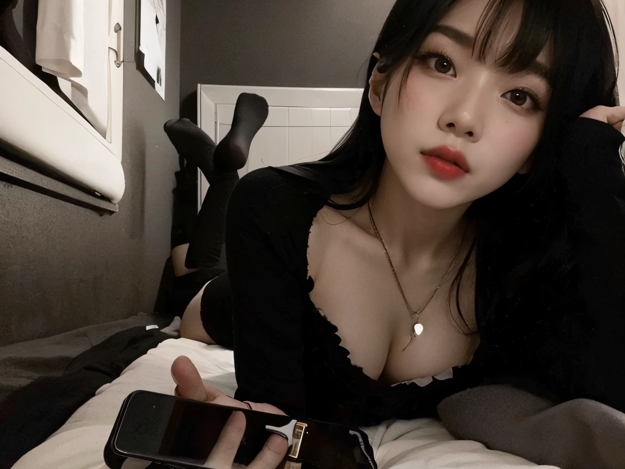 there is a woman laying on a bed with a cell phone, cruel korean goth girl, 8k)), korean girl, ulzzang, 4k], 4 k ], sitting on the bed, sitting on her bed, sitting on a bed, [32k hd]^10, kanliu666, sexy look at the camera, joy red velvet