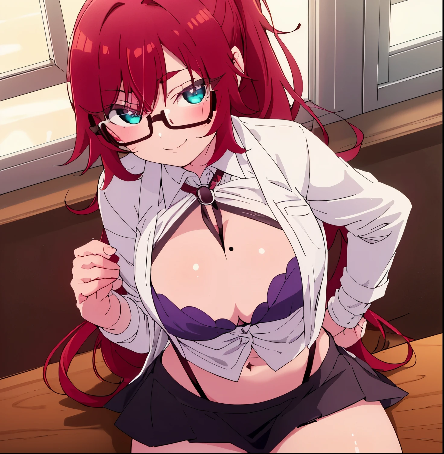 1girl, alone, long hair, red hair, ponytail, red glasses, turquoise eyes, mole on chest, white shirt, open shirt, purple bra, seductive, smiling, closed mouth, makeup, tight black skirt, short skirt, black heels, , medium waist, wide hips, wide thighs, looking at viewer, pov (from above), laboratory, chemistry room, sitting at table, legs open, good lighting, illuminated window, sunset, good anatomy, good hands