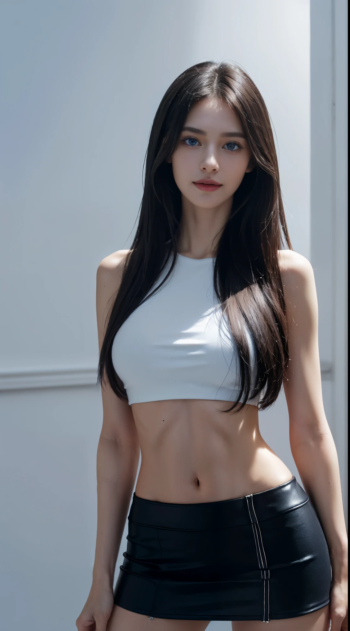 8K, Top Quality, Intricate Details, Ultra Detail, Ultra High Resolution, Masterpiece, close up shot, Slender, Smile, (Makeup: 0.4), (Fluffy Blue Eyes: 1.21), blue Eyes, looking at viewer, (()), 1girl, solo, 1 girl, (( )), , , ((tall)), (((fit body))), (((slim face))), sharp face ,black hair, long hair,, )) , (detailed face), sharp face, small lips, standing ,spread leg , ((blackA-Line Mini Skirt , white top)), ((detail belly )), detail fingers, detail hands, detailed face, detailed breast, , large breast, , , Beautiful girl with accentuated slender abs: 1.4, Six Pack Abs: 1.4, Bust Botox, Big, Perfect Body, (( dark background)), black background,