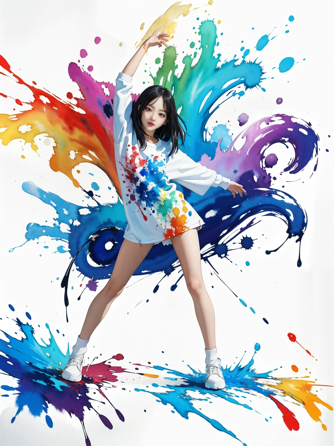 (best quality, watercolor painting, Colorful, sharp focus), (full body, wide shot), (cute korean girl), broad smile,
1girl, solo, Jackson Pollock Action Painting, kinetic expressions, Colorful hair, (splatter and drip art minimalism:1.1), canvas white background, studio,
<lora:add_detail:0.5>, style-paintmagic,