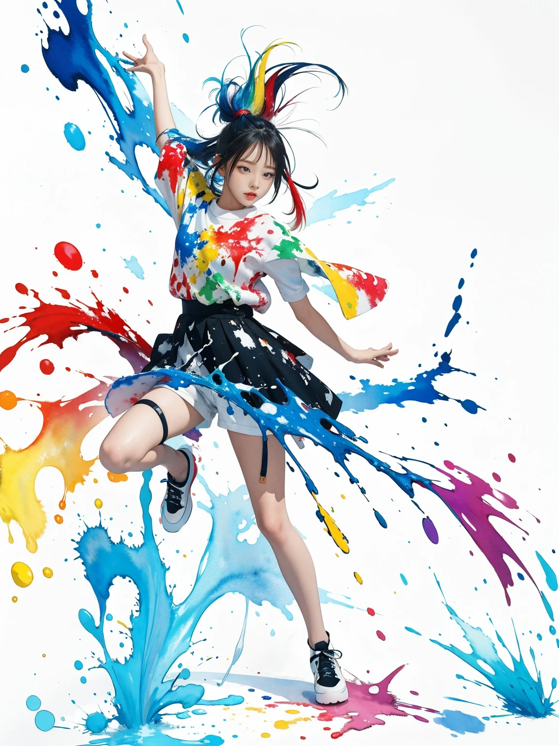 (Best quality, watercolor painting, colorful, sharp focus), (full body, wide angle shot), (1 cute Korean girl), Jackson Pollock action painting, kinetic expression, colorful hair, (Splash and Drip Art Minimalism:1.1), canvas white background, studio, style painting magic