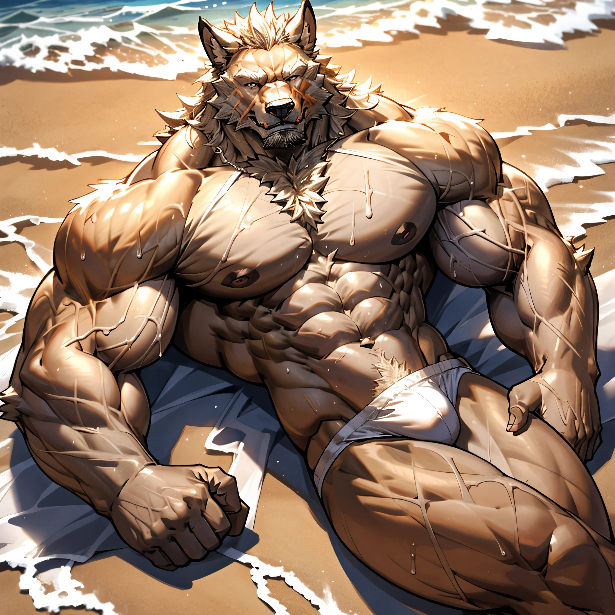 Very muscular blaidd, bodybuilder build, heavy weight, glistening fur, veiny muscle, wear only white thong, big bulge, laying down on beach, smirking, covered in sweat, cinematic scene, 4k, realism.