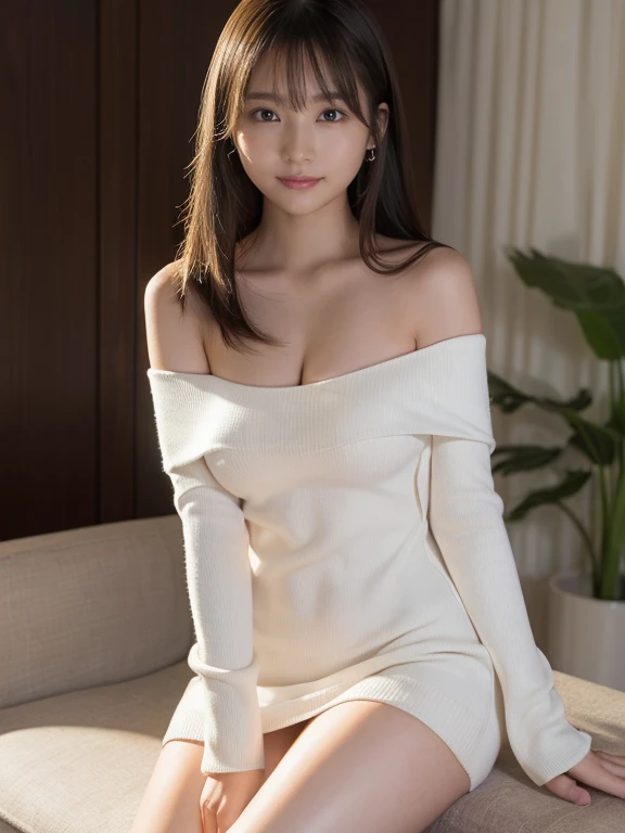 (Neon lights stand outdark店内、No window、Alcohol is displayed、dark室内:1)(Photoreal)、(Super high realism)、(ultra high resolution)、(Ultra high definition)、（(cute smile)) (14 year old girl、super cute face, natural makeup)(fair skin、Smooth skin、realistic texture)(It sparkled、eyes realistic eyes)(brown hair、thin hair、moist and tidy hair、shiny beautiful hair、straight hair、extremely detailed hair、semi-long、hair behind ears)((Long piercings))round beautiful breasts、beautiful cleavage、thin waist、constriction、big ass(Erotic white knit off-shoulder dress、Micro Mini Length、)(white knee high boots) 、dark、Neon lights stand out、sit on the sofa(Landscape、Sensual gravure pose))、Angle from a diagonal((full body shot))Moody Writing
