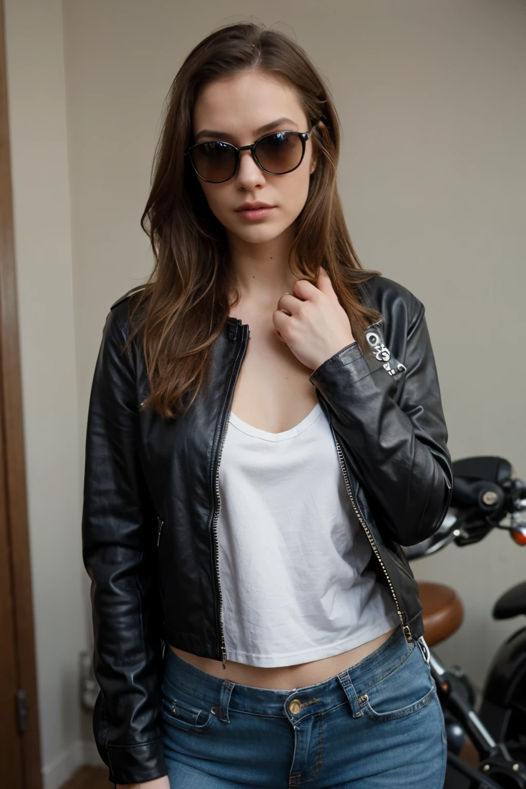 Blonde, blue-eyed Russian biker and rocker woman in stylish black leather jacket and high-waisted jeans with classic aviator glasses. 