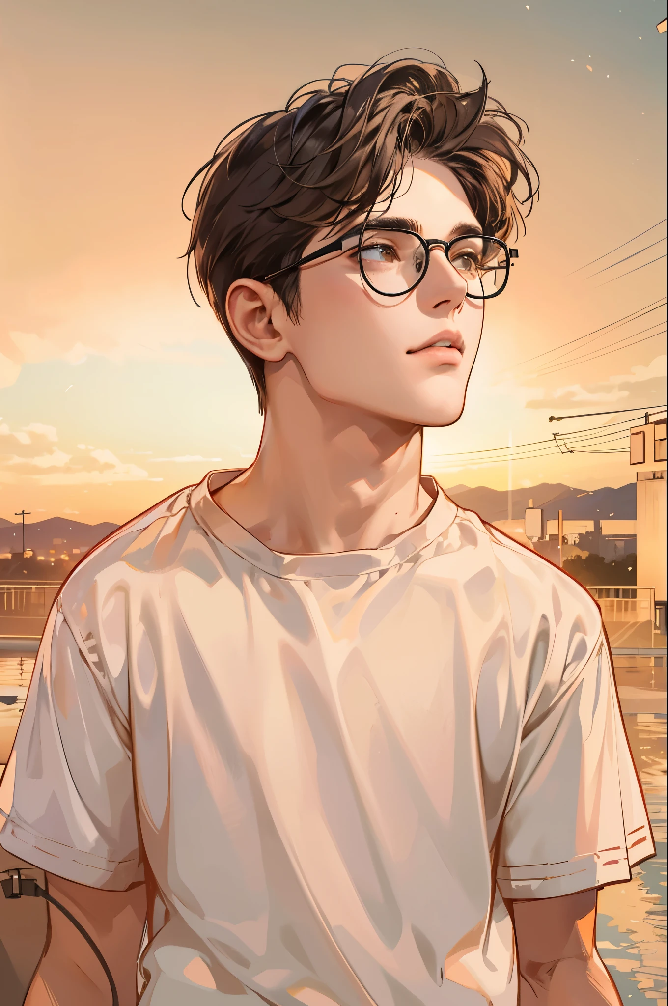 (absurdres, highres, ultra detailed, realistic, ), 1 boy,mature, solo, short black hair,  white T-shirt,brown eyes,  (glasses)，looking at the sky, sunset sky background, ultra - detailed, best quality, Detailed diagram, vectorized, 8K,  Graphic design, vector lines, Full-HD，full body