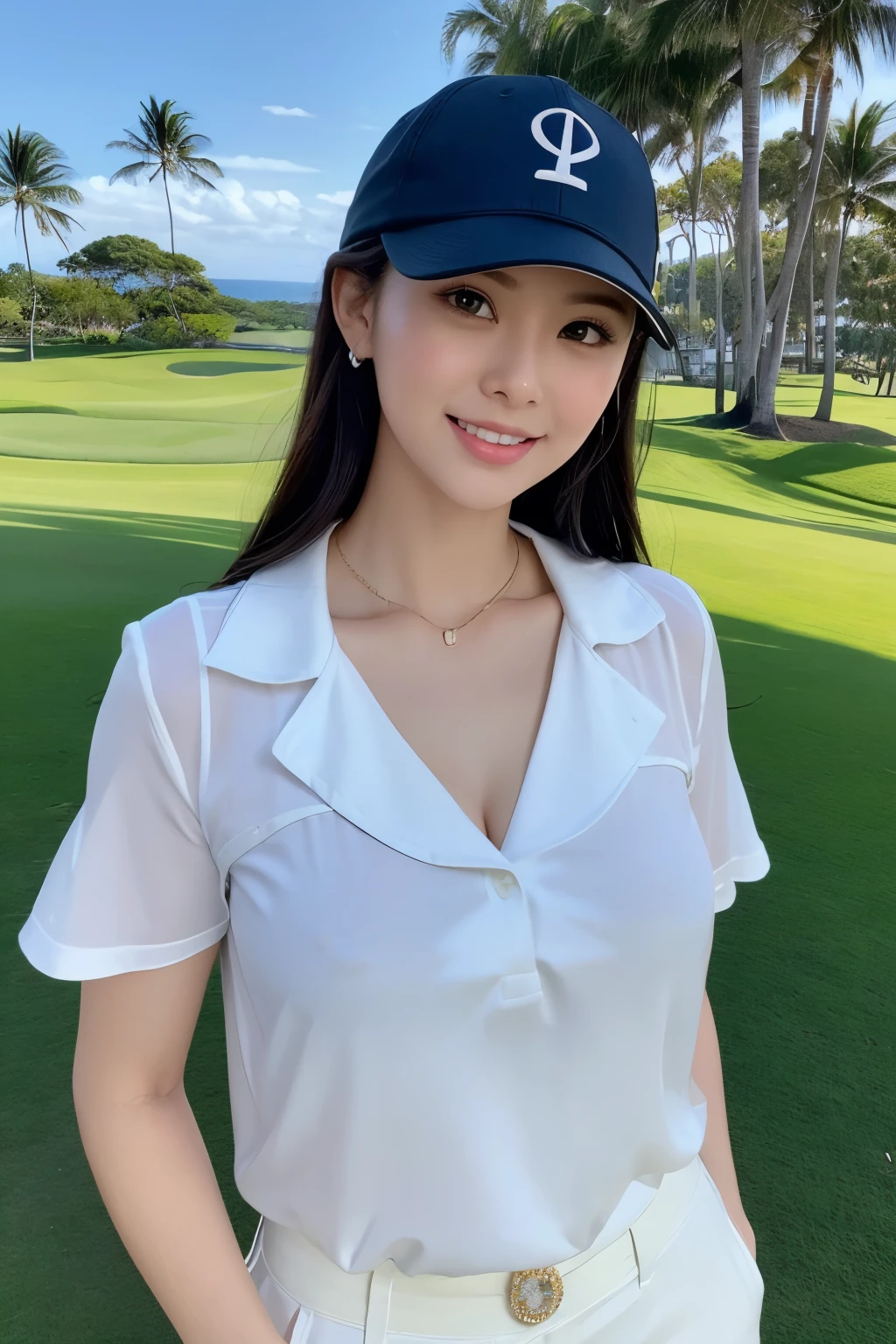 Hawaii、Golf course with sea view、white people、Ultra Glamour、big breasts、half blouse top、Tiny Hot Pants、golf cap、oval face、square jaw、beautiful semicircular eyes、dark eyelashes、clear blue eyes、、narrow mouth、thick parted lips、light smile、((Standing picture))、highest quality、cowboy shot、