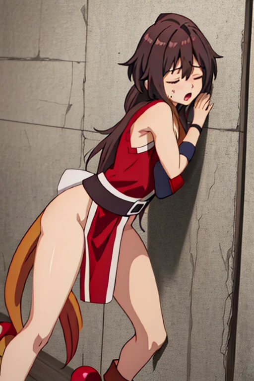 masterpiece, high resolution, best quality, high definition, beautiful art, 1 woman, solo, Megumin, 30 years old, grown up, loose long hair, big breasted, cleavage, cosplaying as Mai Shiranui, sexy outfit, alluring body, full body, ryona, in peril, she is being beaten up, receiving body damage, hurt, reacting to pain, closed eyes, she is being slammed against the wall, she is being pushed away to the wall harder, vulnerable, in danger, perilous scene, torn clothes, bouncing breasts,, beach environment