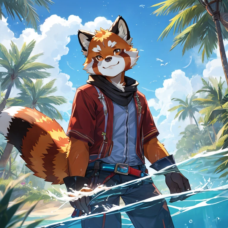 Red panda,Lean,Detailed character details,play with water