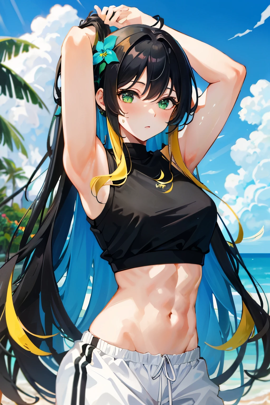 Yellow hair girl, long messy hair, black hair highlights, green eyes, black cropped shirt, with for flower, white sweatpants, madure muscle aesthetic body, in beach