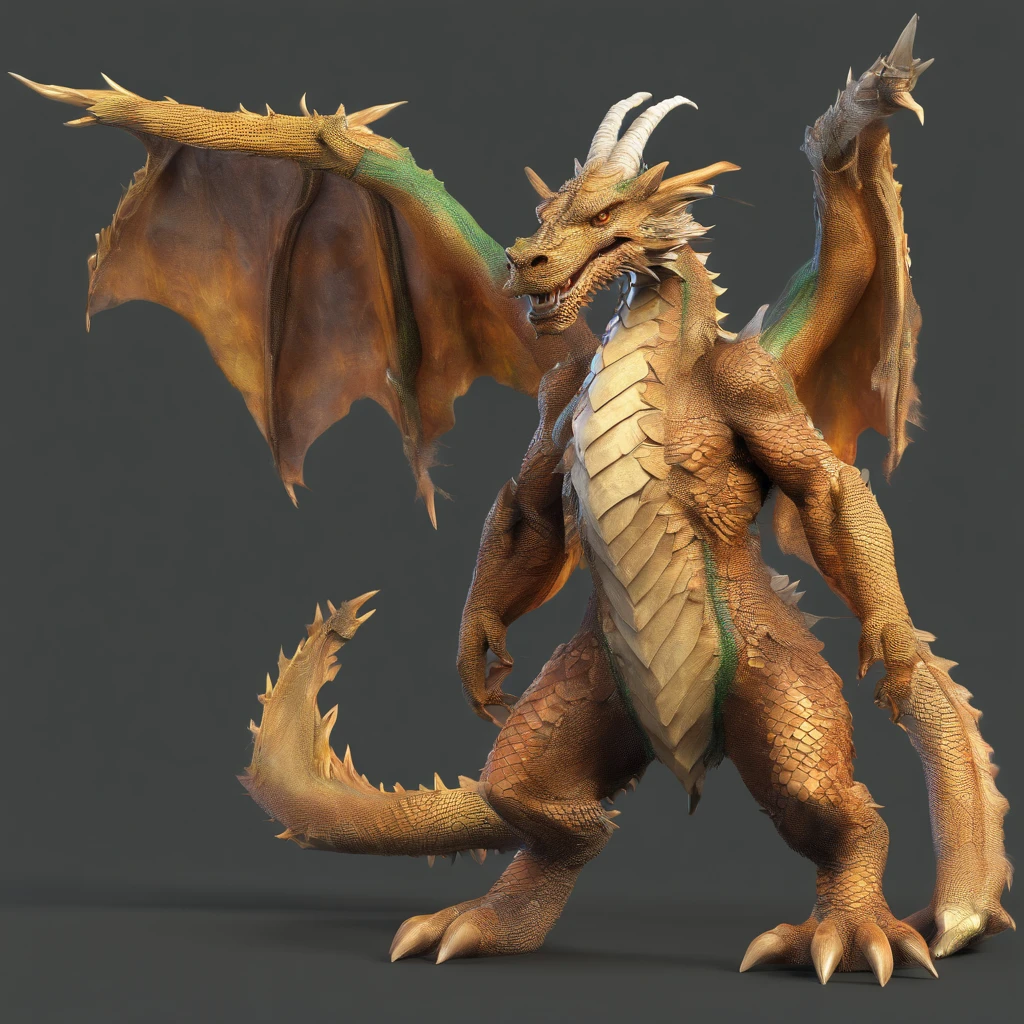 green dragon man,skin like bark,There are horns on the head,There is a tail behind him,Long beard,Lean,Claws,square nail,Detailed character details