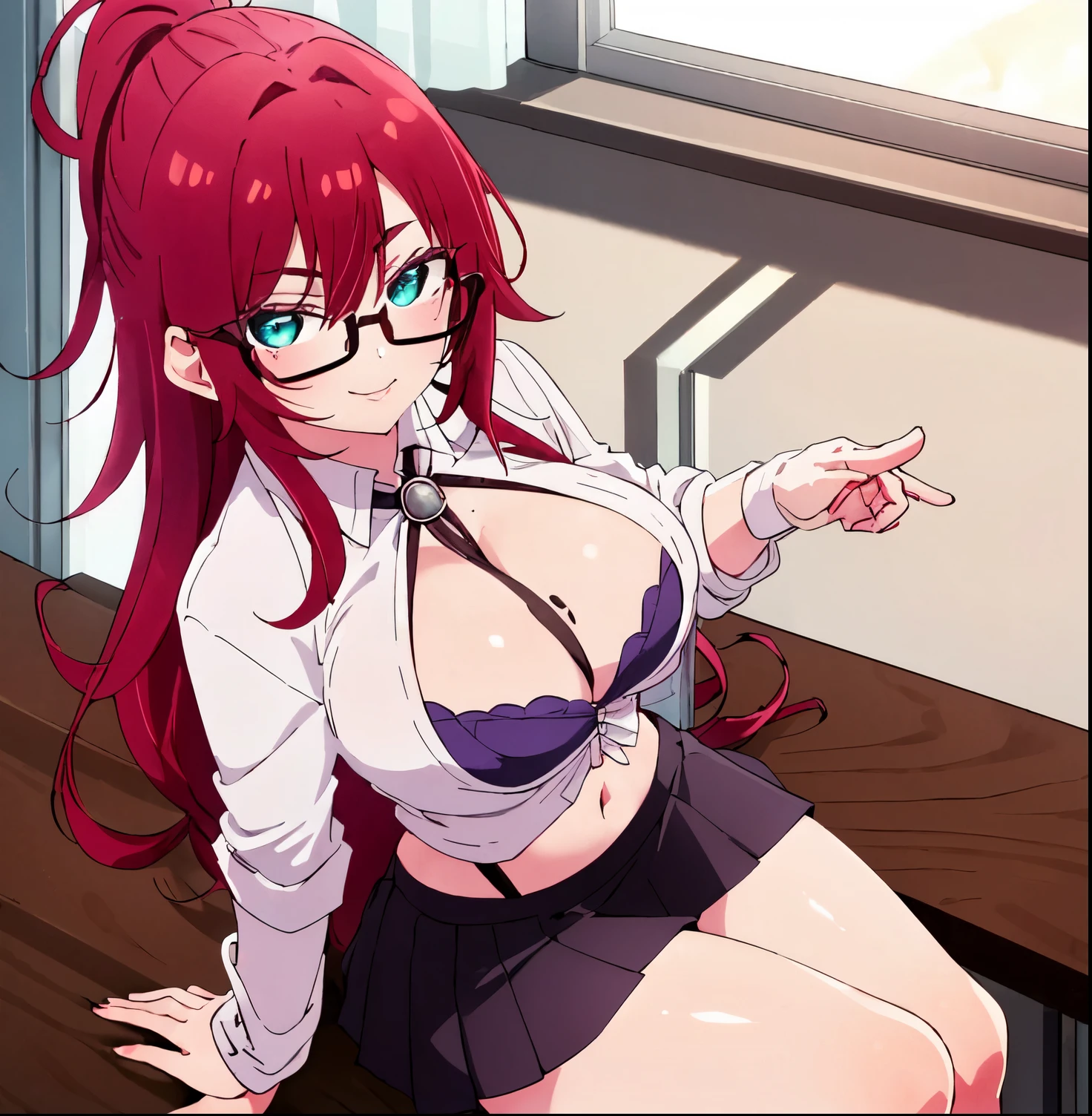 1girl, alone, long hair, red hair, ponytail, red glasses, turquoise eyes, mole on chest, white shirt, open shirt, purple bra, seductive, smiling, closed mouth, makeup, tight black skirt, short skirt, black heels, big breasts , medium waist, wide hips, wide thighs, looking at viewer, pov (from above), laboratory, chemistry room, sitting at table, legs open, good lighting, illuminated window, sunset, good anatomy, good hands