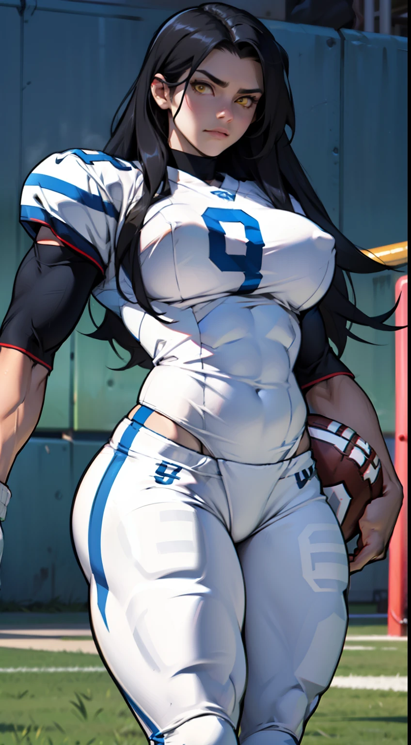 girl breasts huge muscles huge thighs solo girl black hair extremely long hair pale skin expressionless yellow eyes ((football))