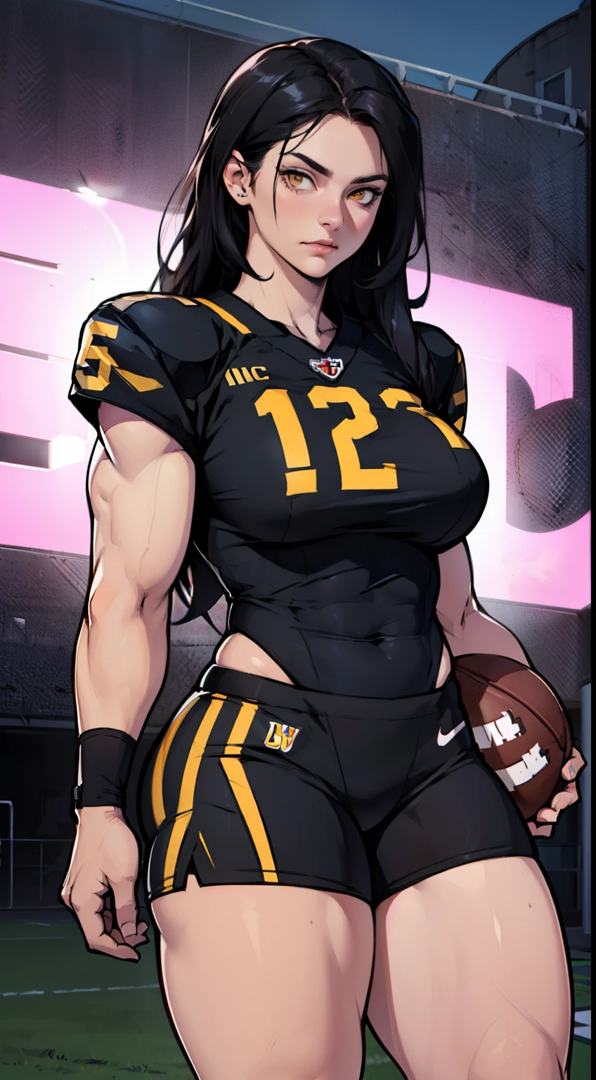 girl breasts huge muscles huge thighs solo girl black hair extremely long hair pale skin expressionless yellow eyes ((football))