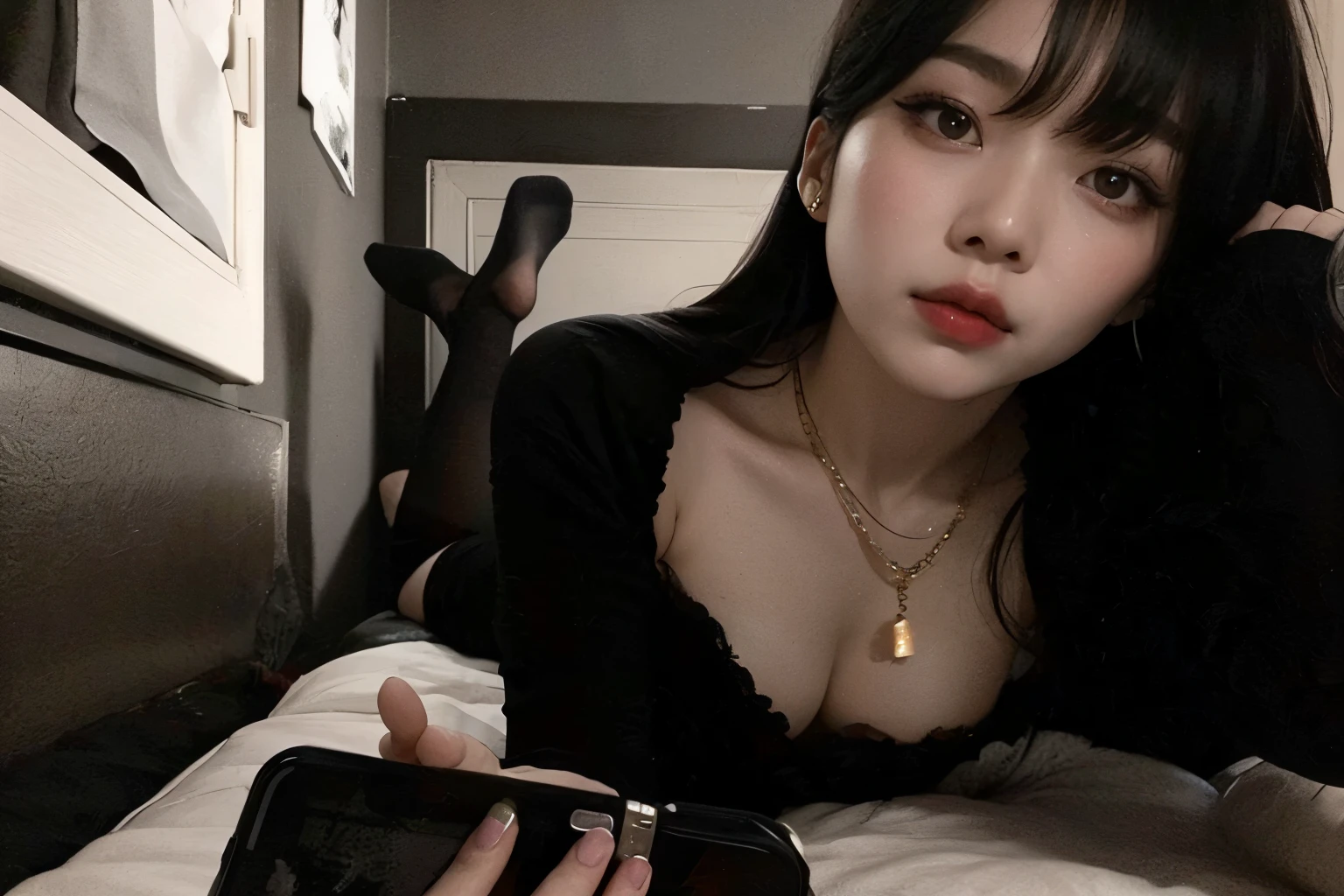 there is a woman laying on a bed with a cell phone, cruel korean goth girl, 8k)), korean girl, ulzzang, 4k], 4 k ], sitting on the bed, sitting on her bed, sitting on a bed, [32k hd]^10, kanliu666, sexy look at the camera, joy red velvet