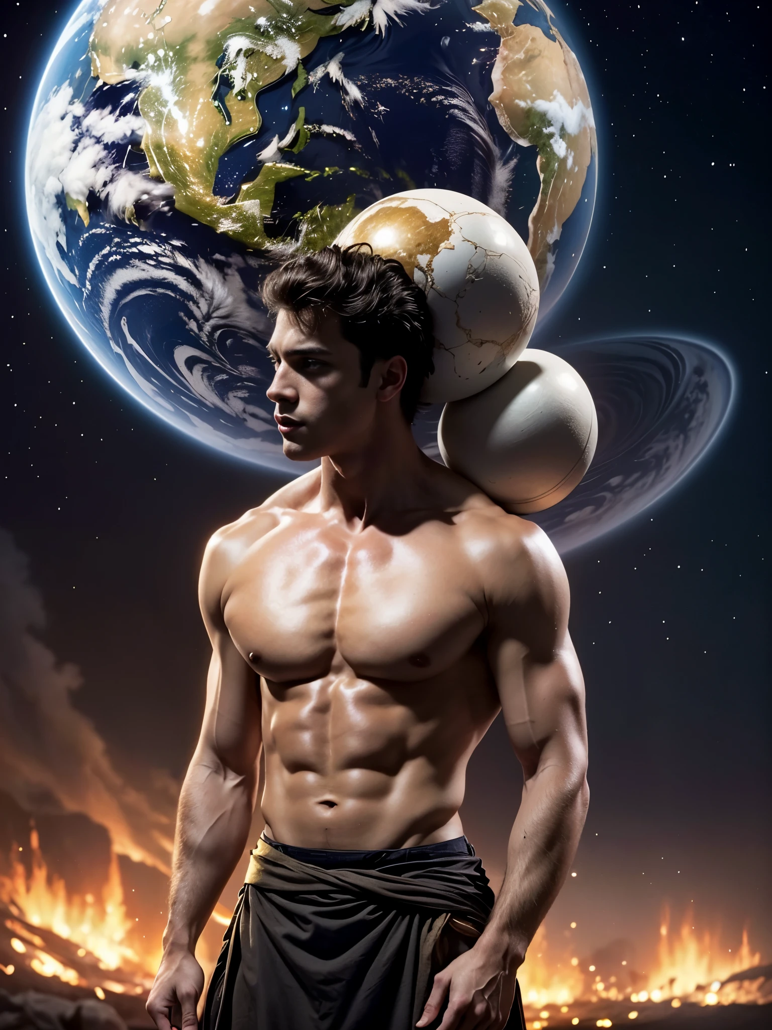 Photorealistic, ((best quality)), ((masterpiece)), (detailed), solo, 1man, ancient mythology, greek mythology , he is Atlas, holding the planet earthh on his back, Atlas carrying the world Earth, massive planet Earth on his shoulders, he is struggling to hold the planet Earth on his back, he is carrying the planet Earth on his back, the planet Earth is on his back, dark fantasy scene, dark fantasy photography, 1boy, 8k, high detailed, ultra-detailed, Stylish Pose, real skin texture, dark cinematic lighting, 18-year-old male model, handsome, tall, cute looking, evil look, dark look, powerful, a young male handsome model, super strong, muscular, fit, massive muscles, six pack, clean shave, blue eyes. short messy brown hair, messy hair, ancient Greek small skirt, linen antique draped cloth skirt, ancient outerspace, constellation,, stars in the background
