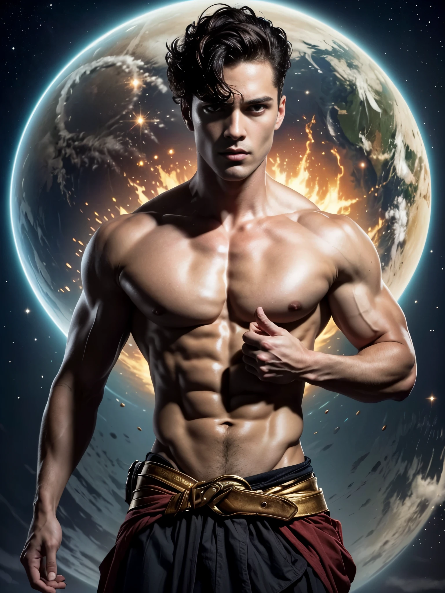 Photorealistic, ((best quality)), ((masterpiece)), (detailed), solo, 1man, ancient mythology, greek mythology , he is Atlas, holding the planet earthh on his back, Atlas carrying the world Earth, massive planet Earth on his shoulders, he is struggling to hold the planet Earth on his back, he is carrying the planet Earth on his back, the planet Earth is on his back, dark fantasy scene, dark fantasy photography, 1boy, 8k, high detailed, ultra-detailed, Stylish Pose, real skin texture, dark cinematic lighting, 18-year-old male model, handsome, tall, cute looking, evil look, dark look, powerful, a young male handsome model, super strong, muscular, fit, massive muscles, six pack, clean shave, blue eyes. short messy brown hair, messy hair, ancient Greek small skirt, linen antique draped cloth skirt, ancient outerspace, constellation,, stars in the background