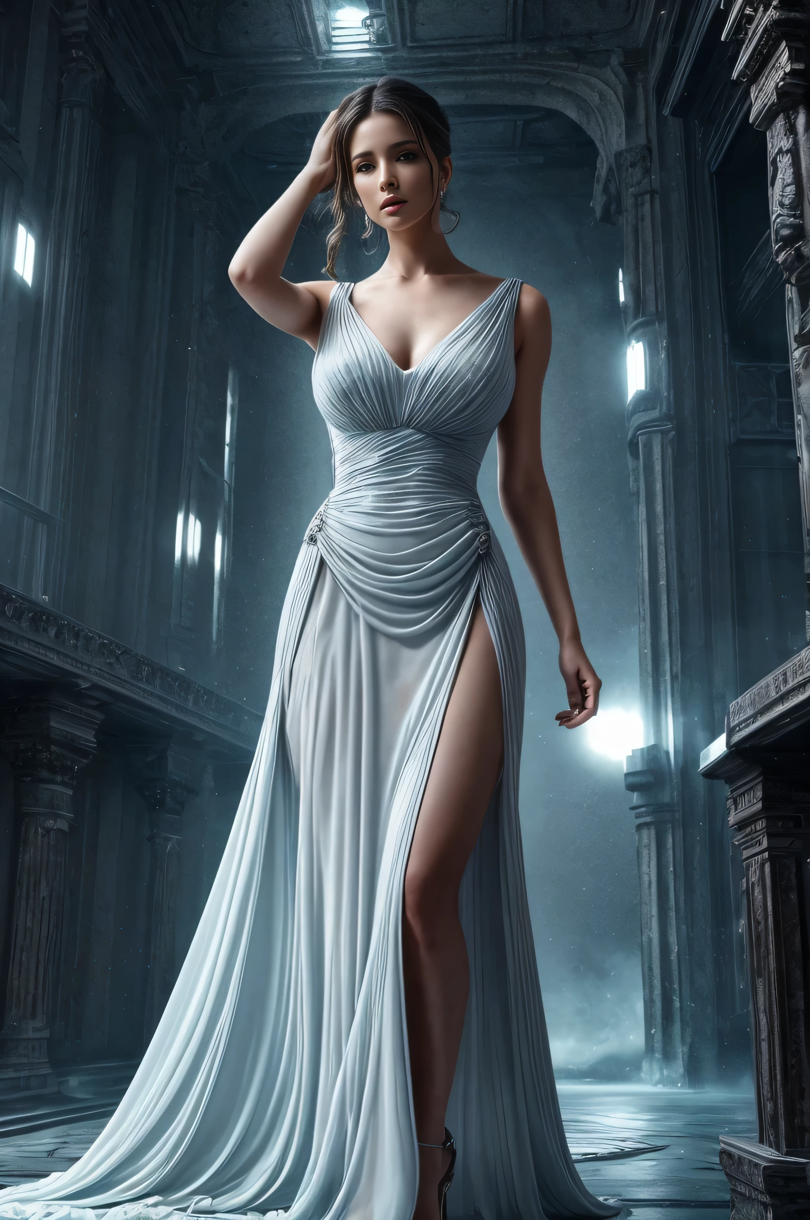 Baroque sci - fi full body elegant woman airy translucent dress epic atmosphere chiseled background 8k desaturated colors cinematic ultra realstic textures adire