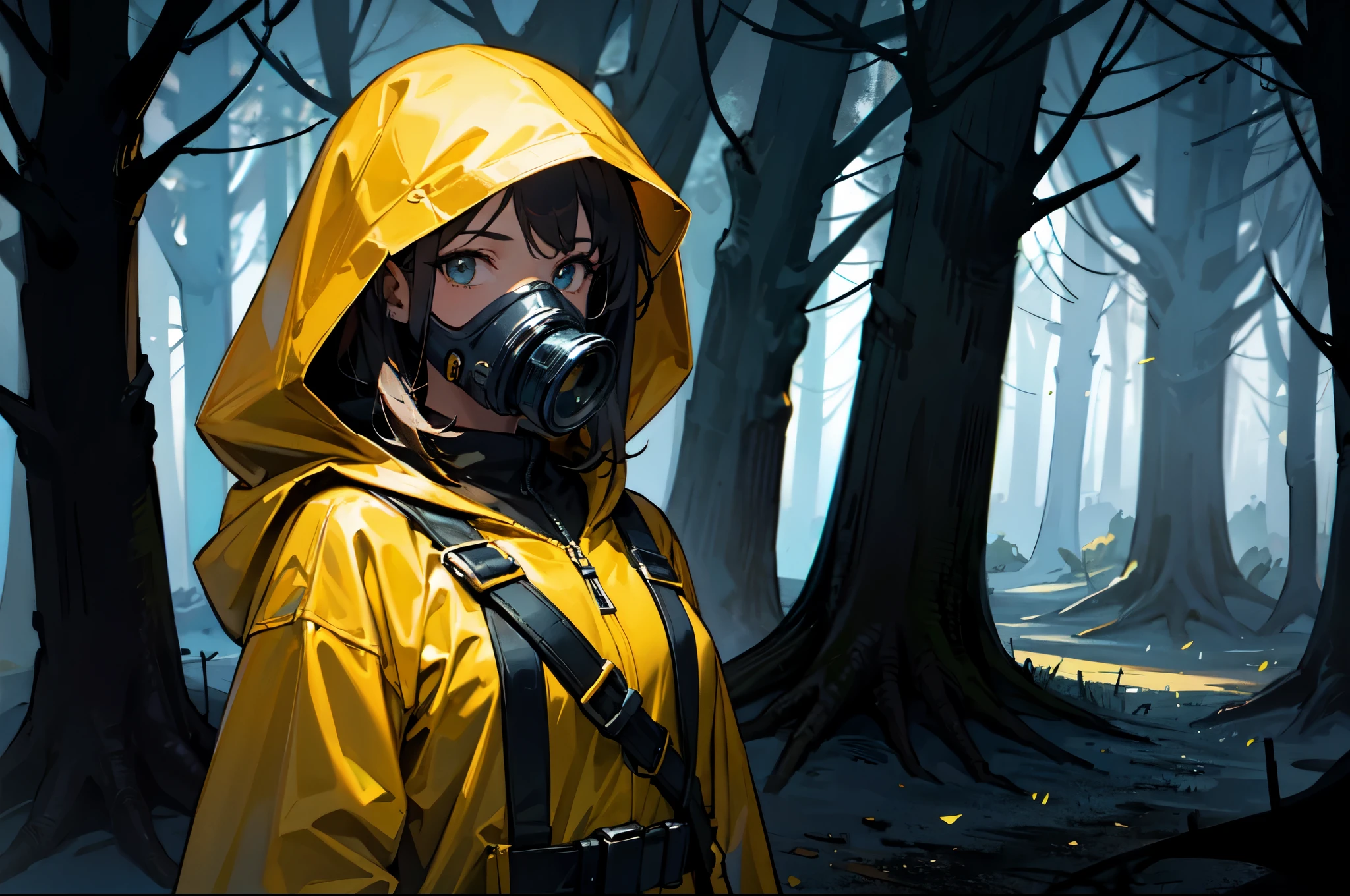 (masterpiece), best quality, 1girl, girl in a yellow raincoat entering a fantasy village surrounded by a dark spooky forest, gas mask, hood, hood up, hooded jacket, jacket, looking at viewer, mask, raincoat, realistic, solo, upper body, yellow jacket, yellow raincoat, fanse, fanfo, subtle lighting