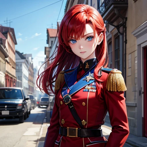 1girl, standing, airforce_uniform, ARIA,red hair, pink eyes, red eyes